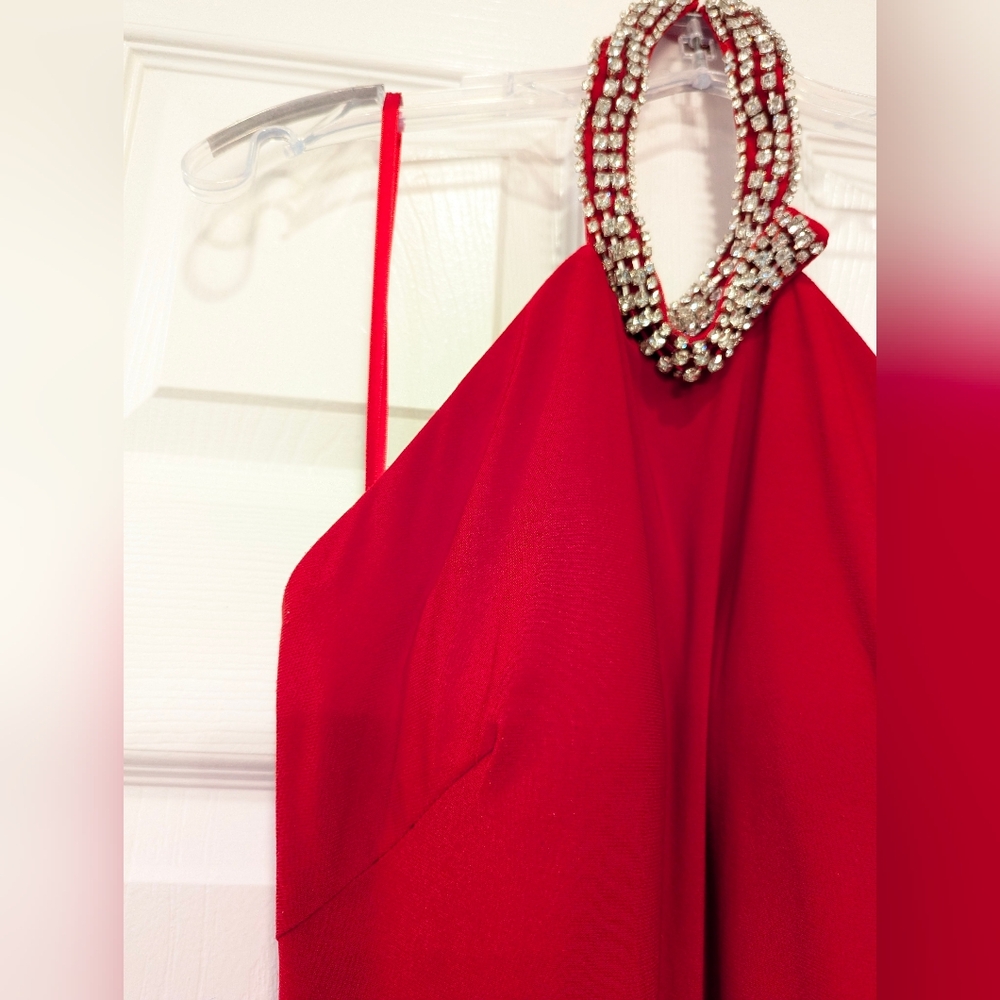 NWT Ieena For Mac Duggal Red Halter high slit long maxi dress rhinestone gown 8 - Picture 12 of 16